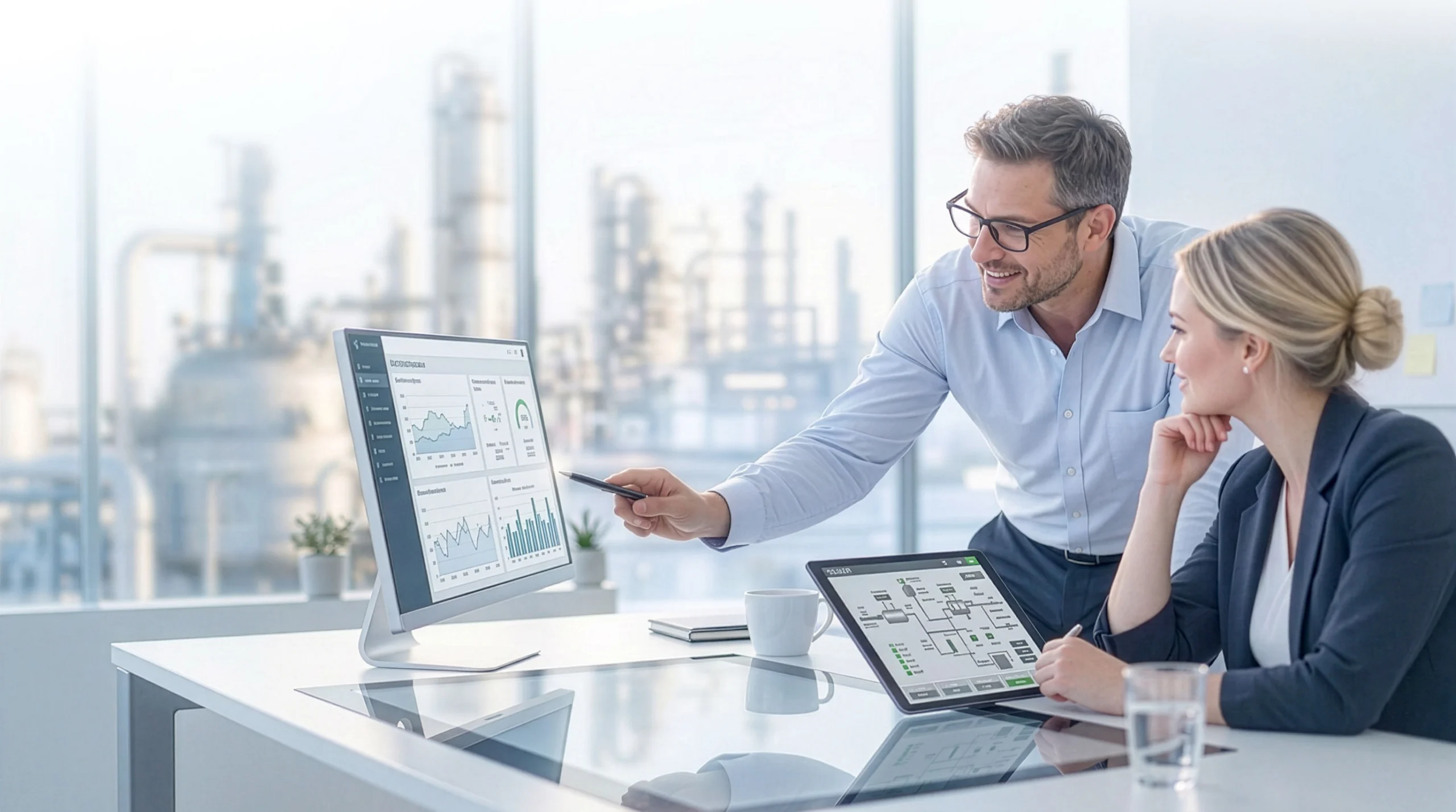 Zwei Mitarbeiter der IJT Consult besprechen CAE- und SCADA-Dashboards im Büro